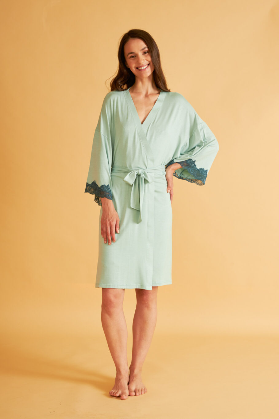 Women's Robe Monochrome with Lace - Mint