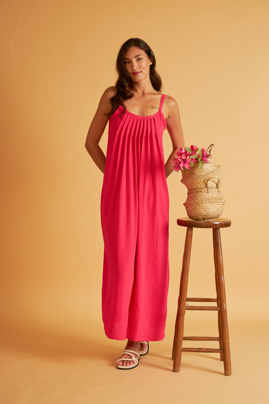 Solid Color Polyester Spaghetti Strap Maxi Dress - Fuchsia 506604<br>