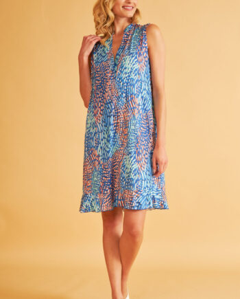 Printed Polyester/Elastane Short Sleeveless Dress with Ruffles - Blue 506628<br><br>