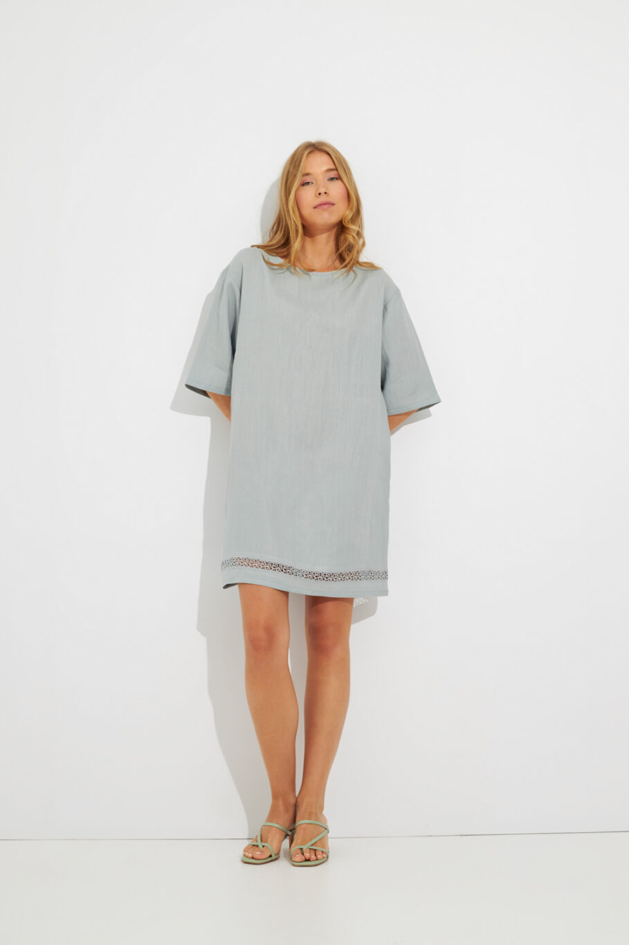 Linen Midi Dress with 3/4 Sleeves - Mint 502601