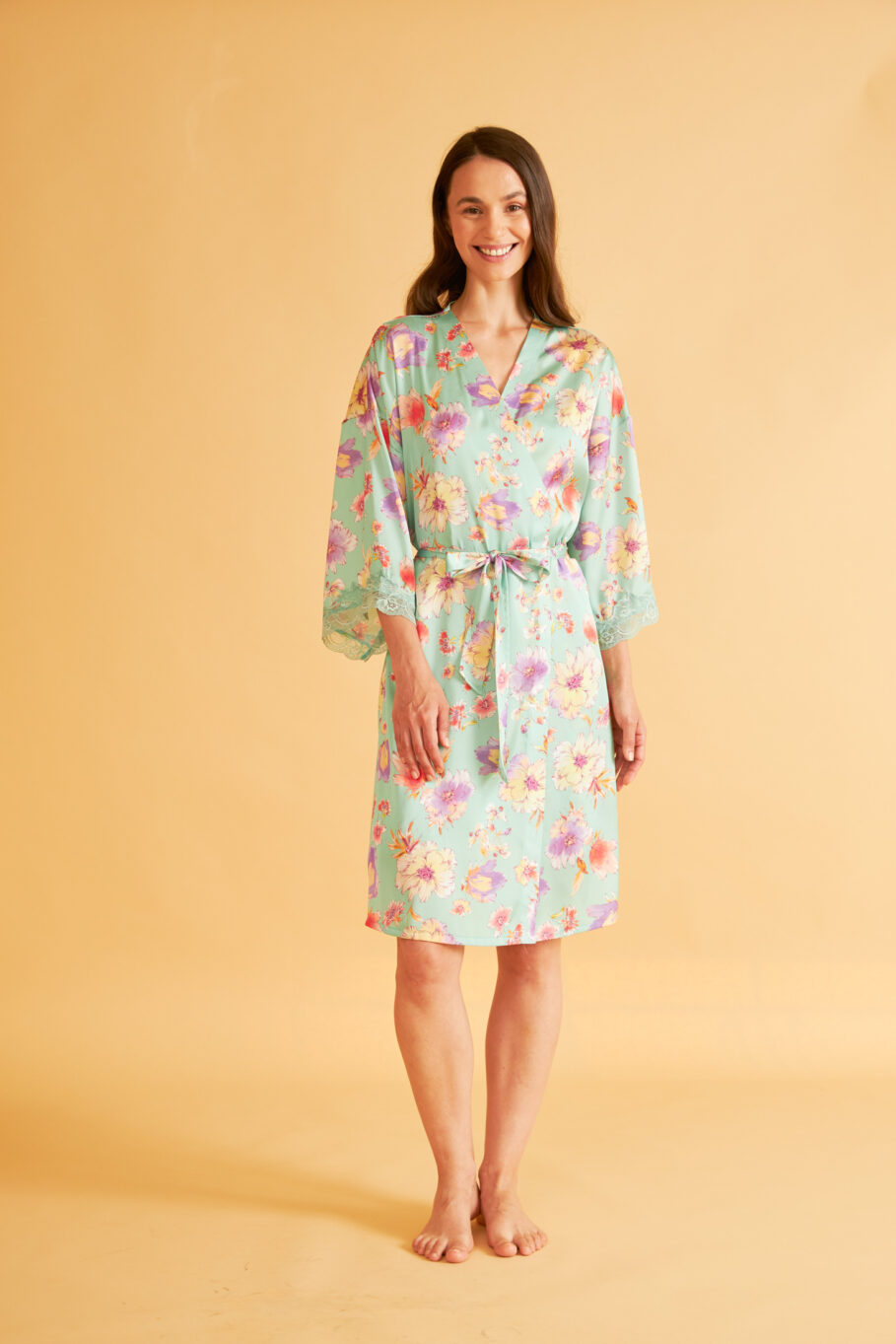 Satin Printed Robe with Lace - Mint