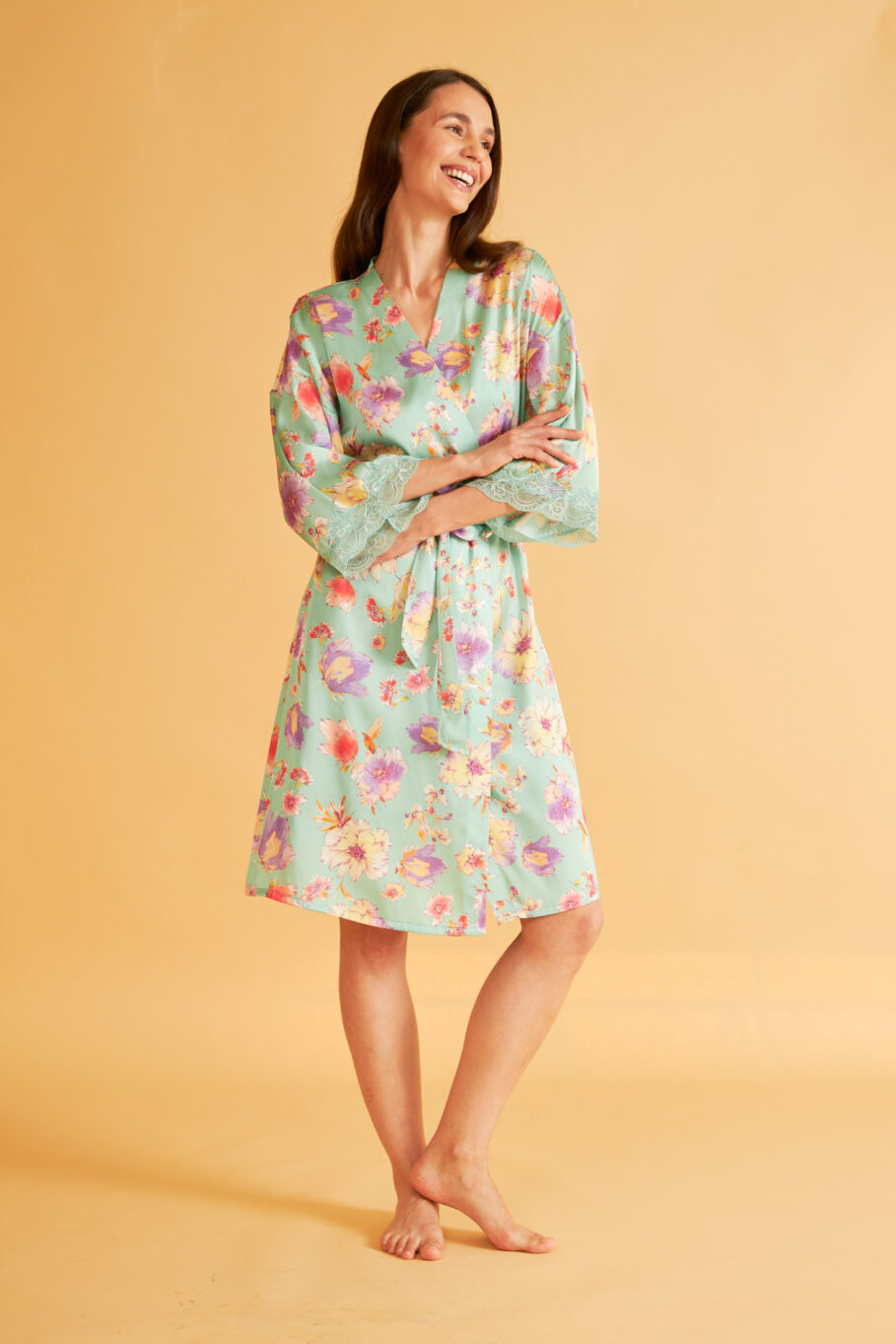 Satin Printed Robe with Lace - Mint