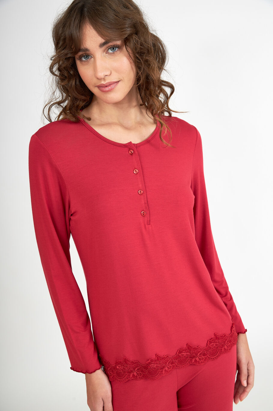 Women's Pajamas micro modal Monochrome with buttons and lace - Wine