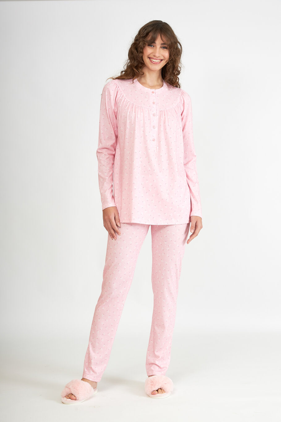 Women's Classic Printed Pajamas with Buttons - Pink