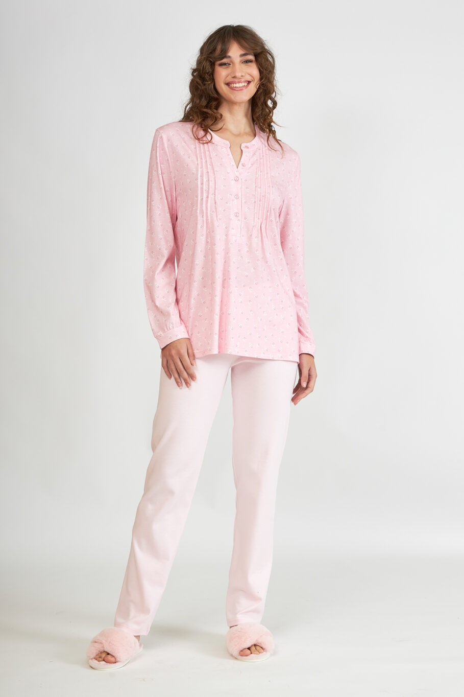 Women's Classic Printed Pajamas with Buttons - Pink