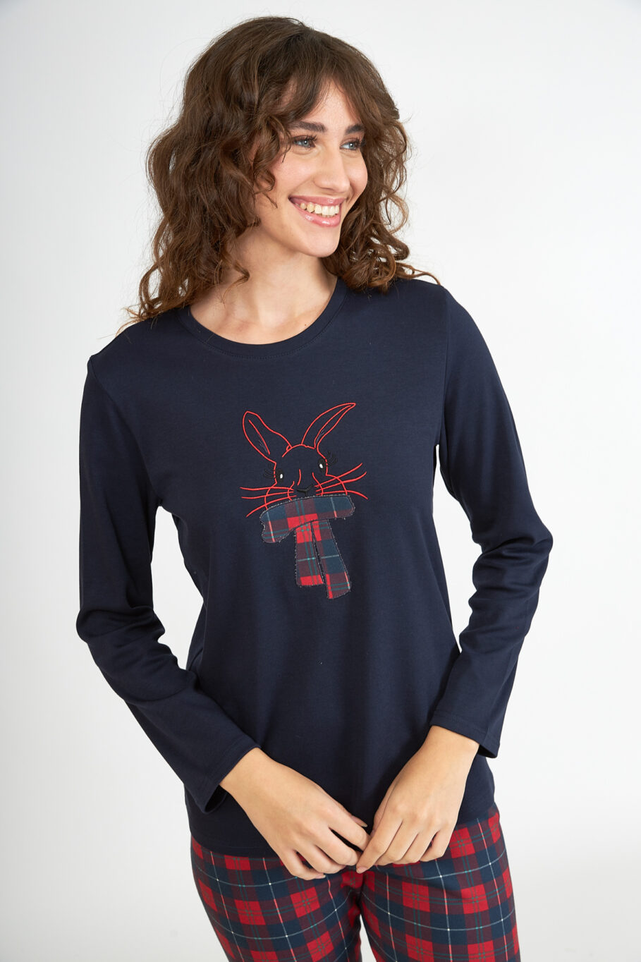 Women's Cotton Pajamas with Bunny Embroidery - Blue