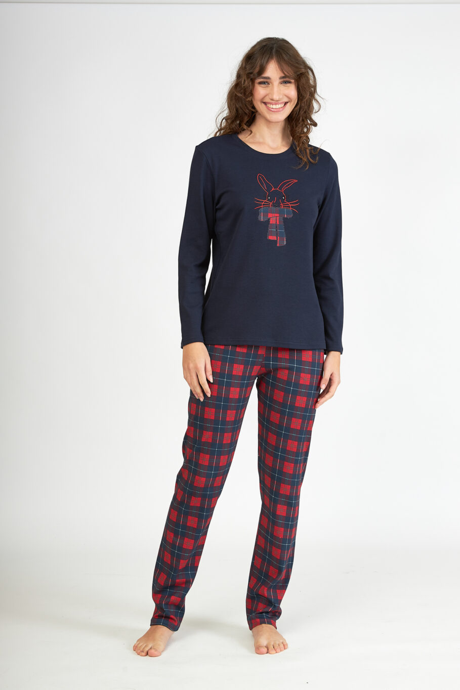 Women's Cotton Pajamas with Bunny Embroidery - Blue