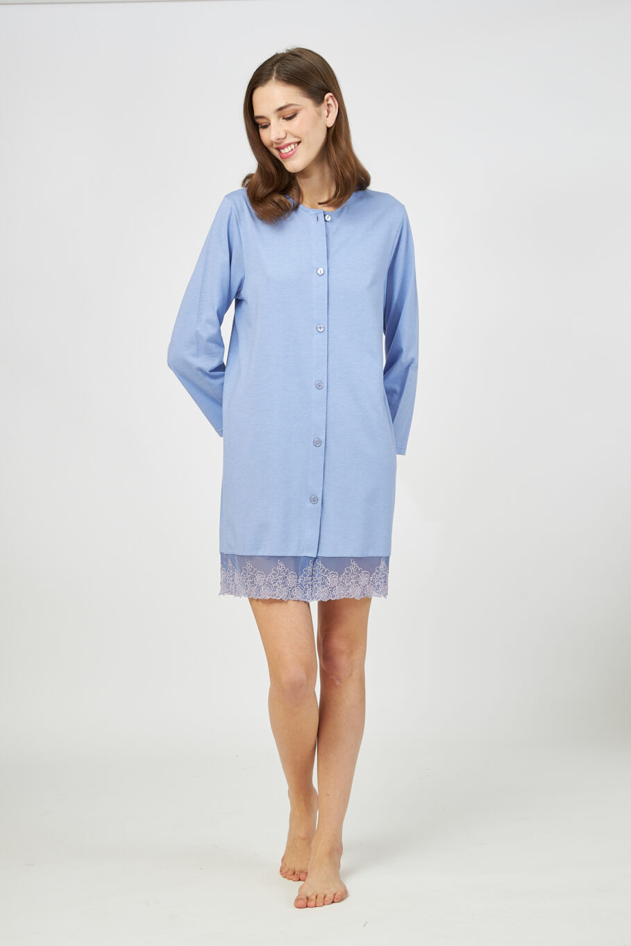 Solid Color Cotton Modal Nightgown with Buttons and Lace – Denim 307806