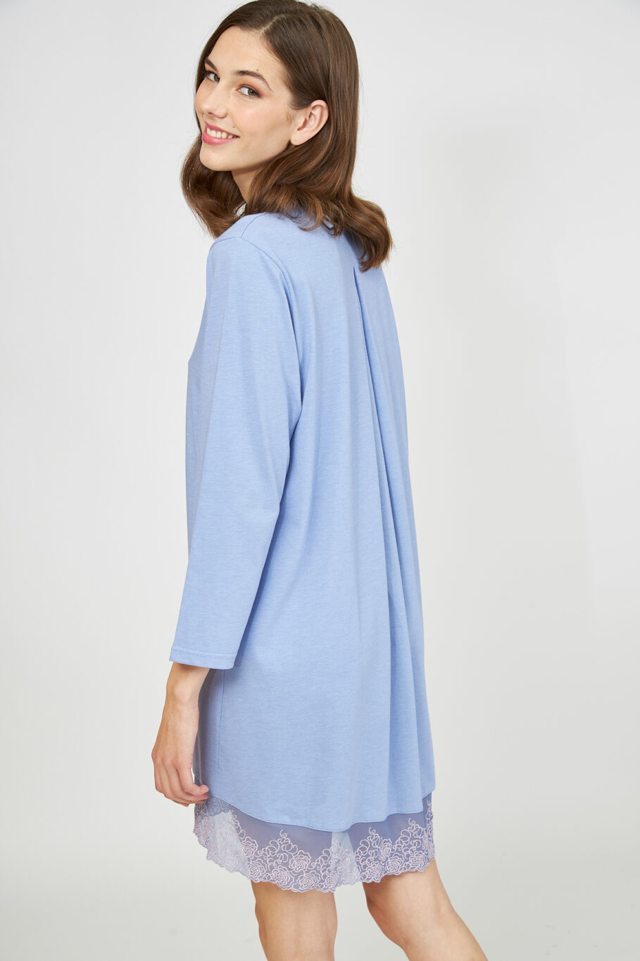 Solid Color Cotton Modal Nightgown with Buttons and Lace – Denim 307806