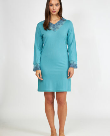 Monochrome Cotton Modal Nightdress with Lace - Petrol 307807