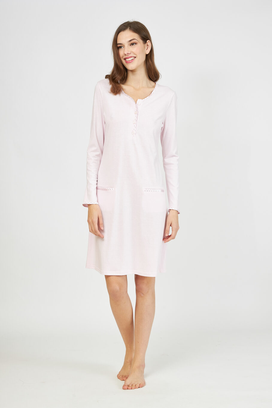 Cotton modal nightgown Monochrome with buttons – Baby pink