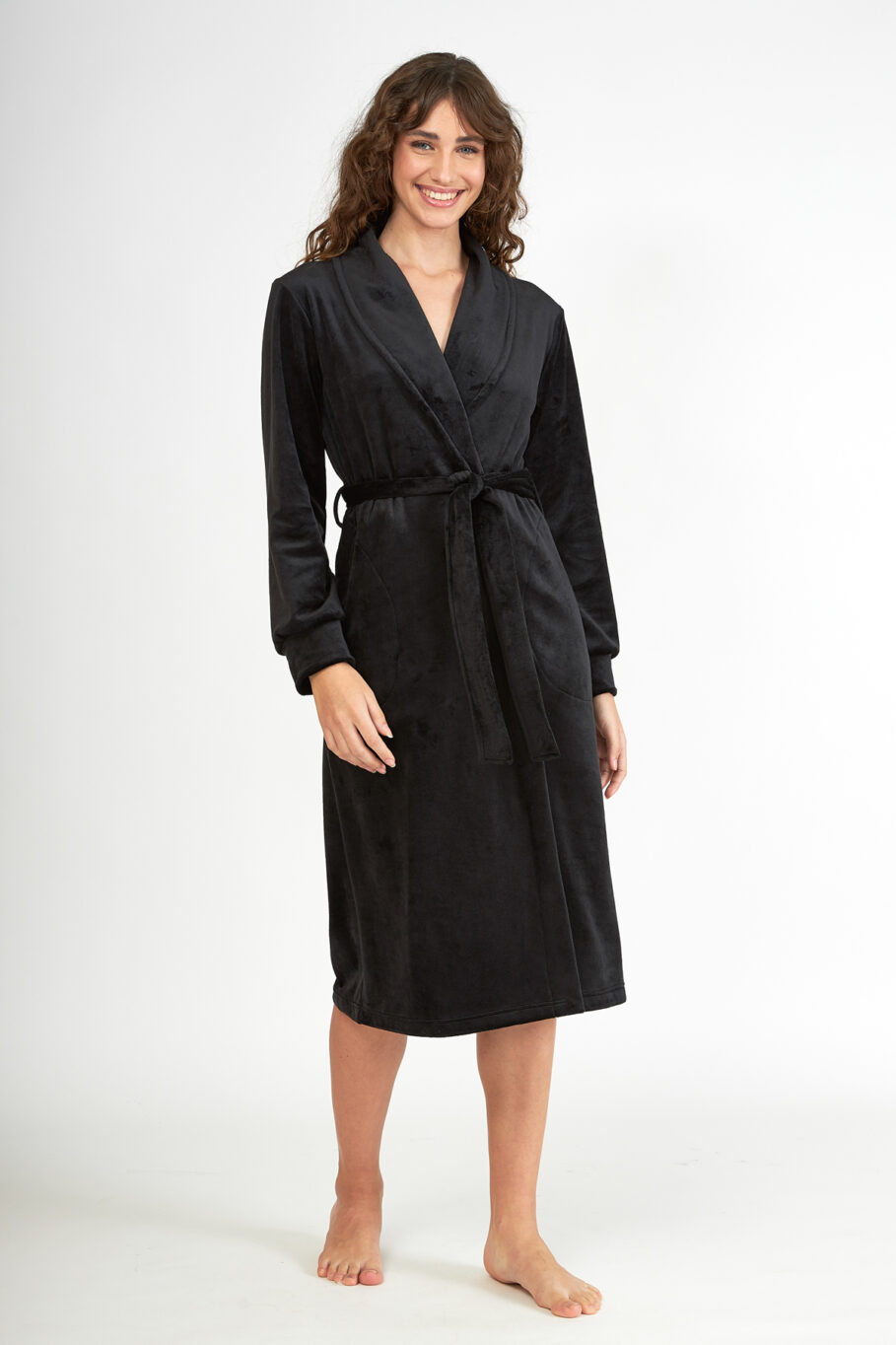 Soft Velour midi robe crossed with pockets – Black