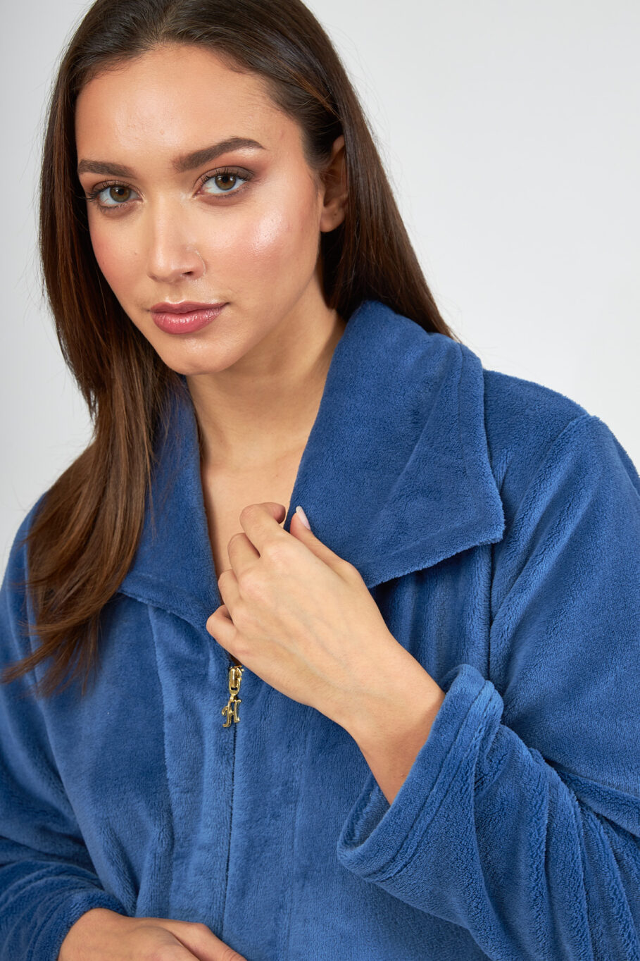 Fleece midi robe with zipper and pockets - Blue