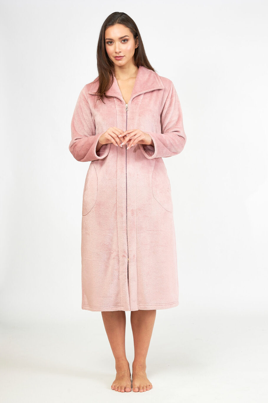 Fleece Midi Robe with Zipper and Pockets - Dusty Pink 407706