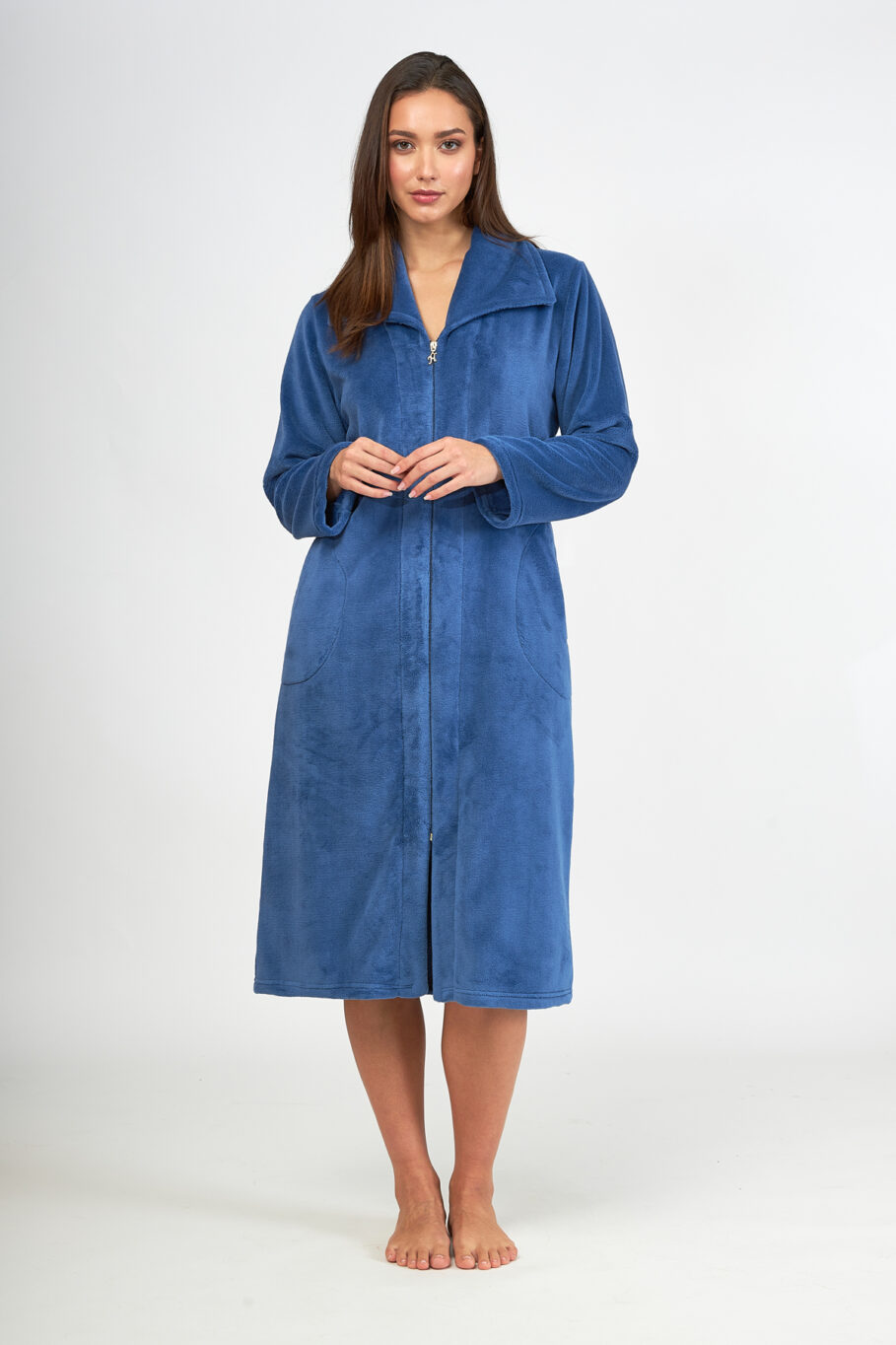 Fleece midi robe with zipper and pockets - Blue