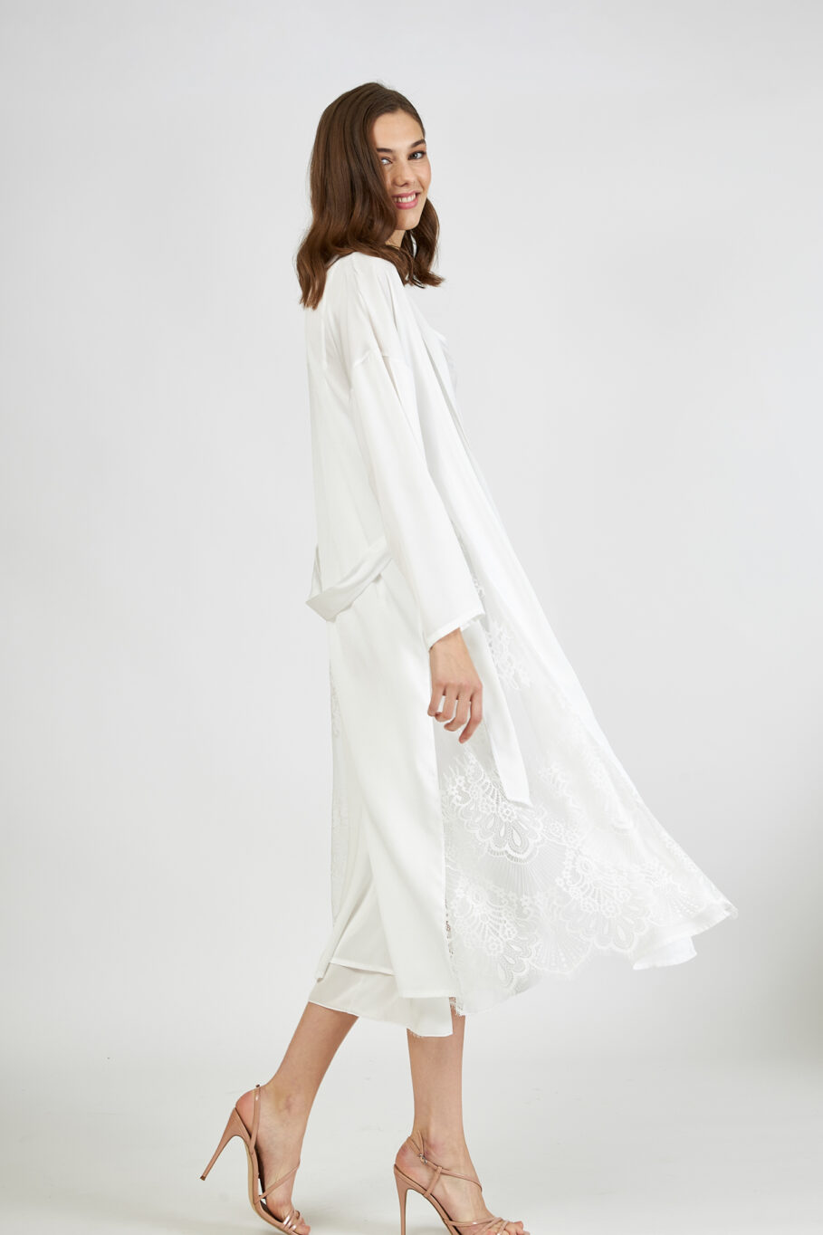 Satin Midi Robe with Lace - Off White 607518