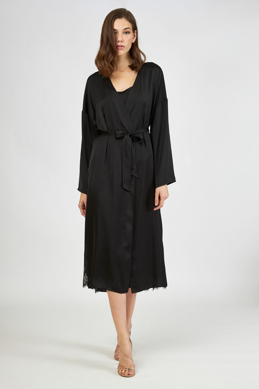 Satin Midi Robe with Lace - Black 607518