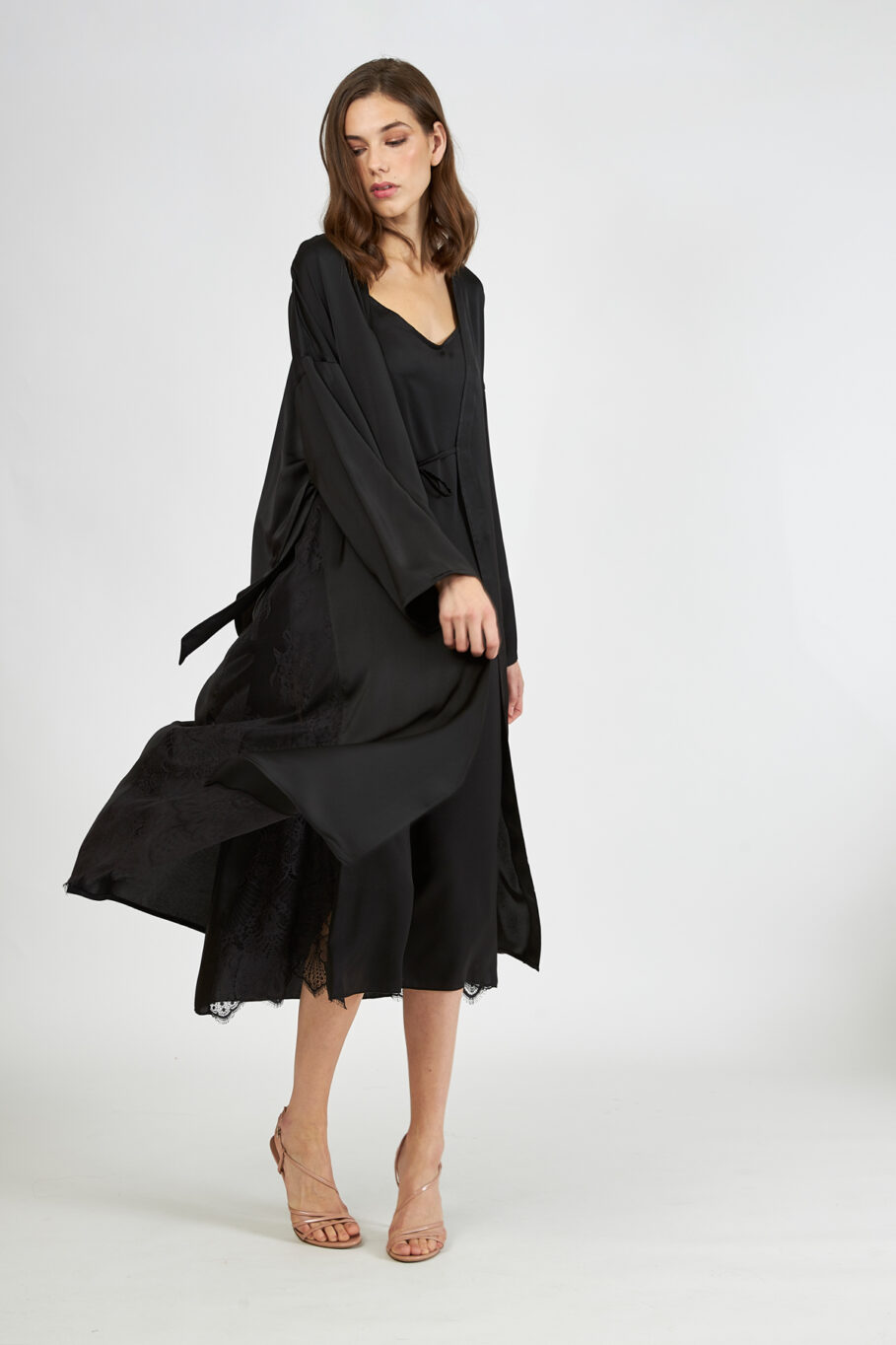 Satin Midi Robe with Lace - Black 607518