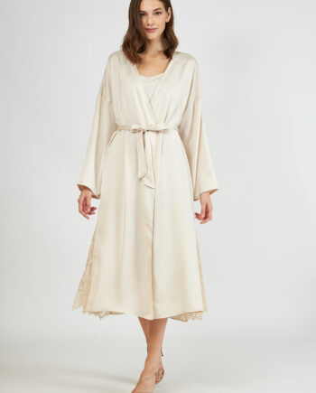 Satin Midi Robe with Lace - Beige 607518