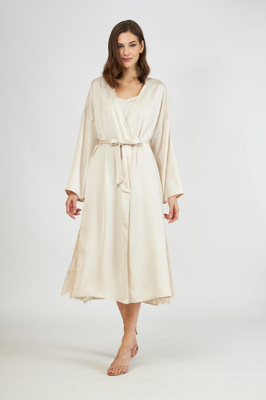 Satin Midi Robe with Lace - Beige 607518