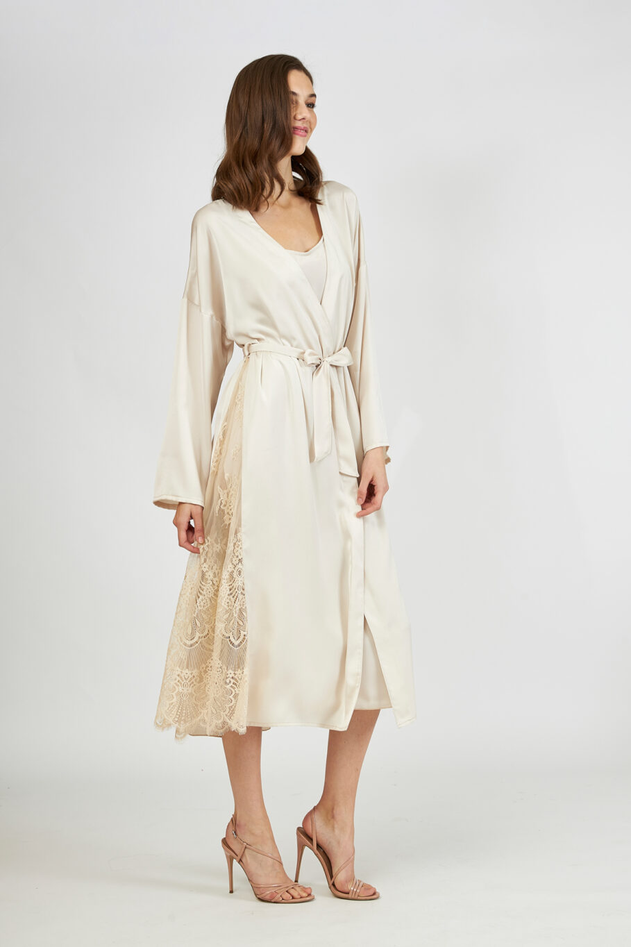 Satin Midi Robe with Lace - Beige 607518