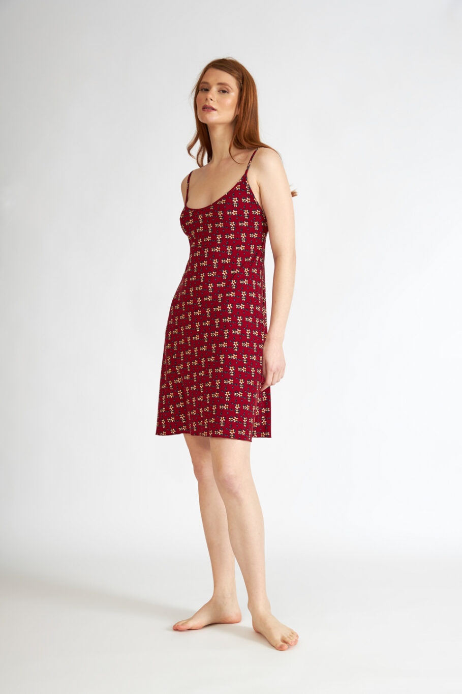 Printed Viscose-Elastane Nightgown with Spaghetti Straps - Wine 305802