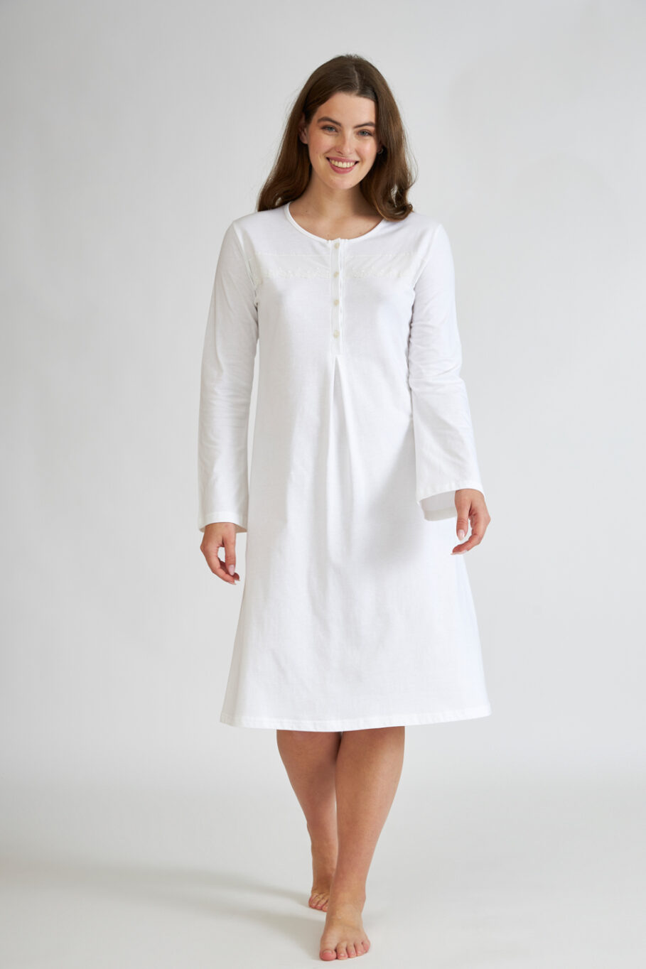 Solid Color Cotton Modal Nightgown with Buttons and Lace - Off White 305804