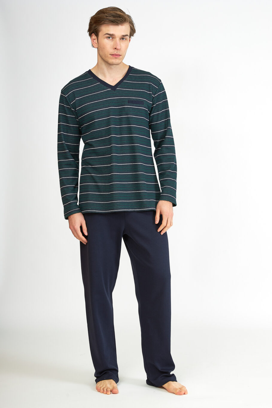 Men's Jacquard Stripes Pajama Cotton/PES V-neck with Pocket - Green 807302