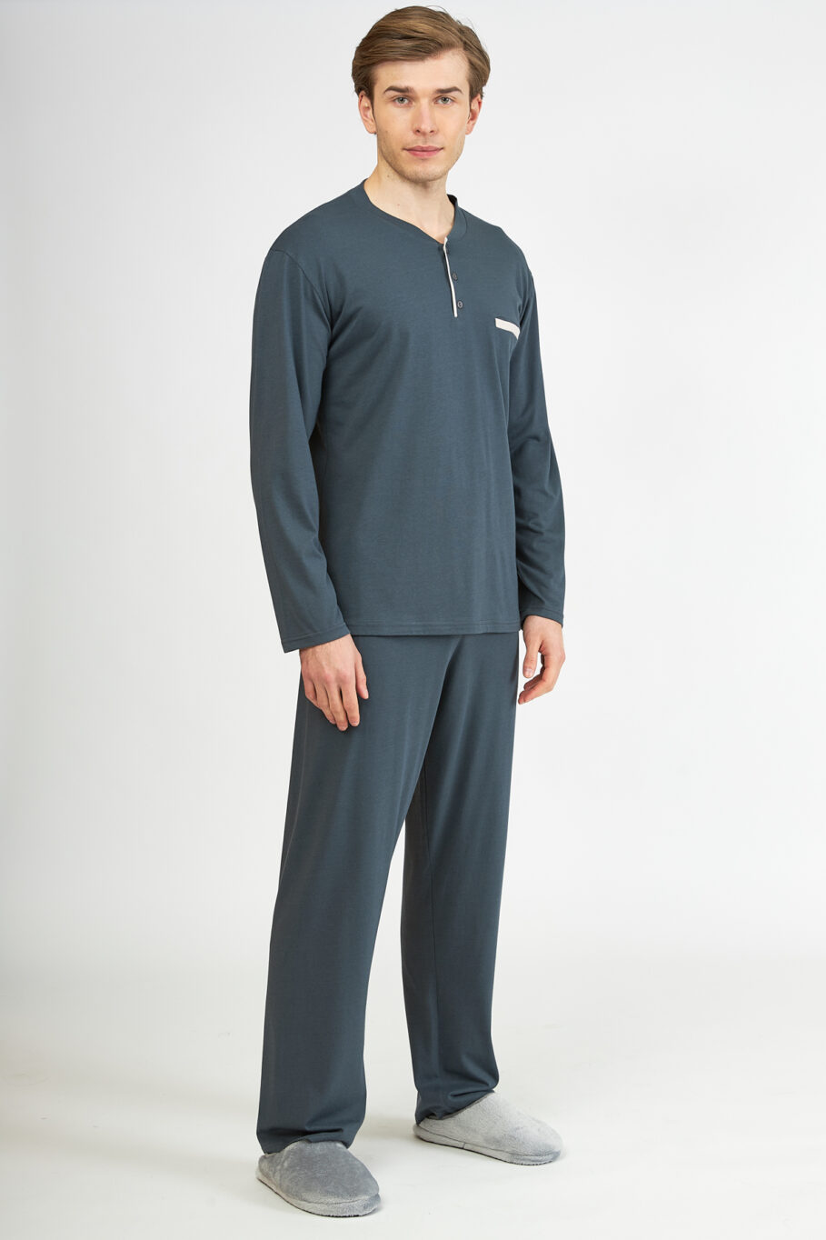 Men's Solid Color Cotton/Modal Pajama with Buttons - Anthracite 807307