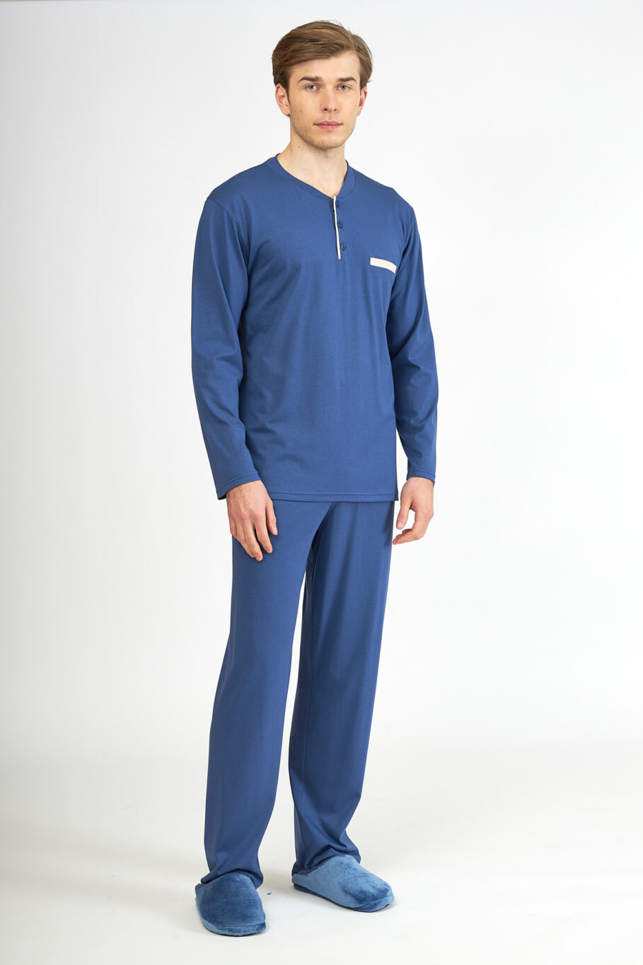 Men's Solid Color Cotton/Modal Pajama with Buttons - Blue 807307