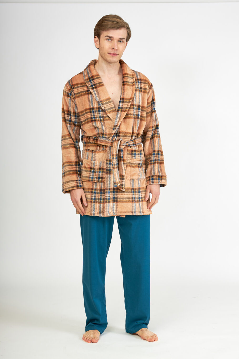 Men's Fleece Cross-over Checked Robe with Pockets - Caramel 807311