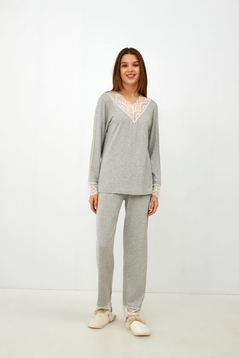 Women's Pajamas monochrome viscose/elastan with lace - Grey mel 103906