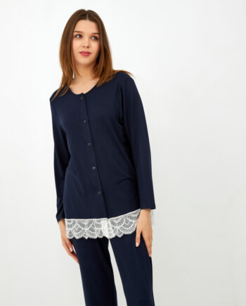 Γυναικεία Πιτζάμα μονόχρωμη viscose/elastan με κουμπιά και δαντέλα - Blue 103907