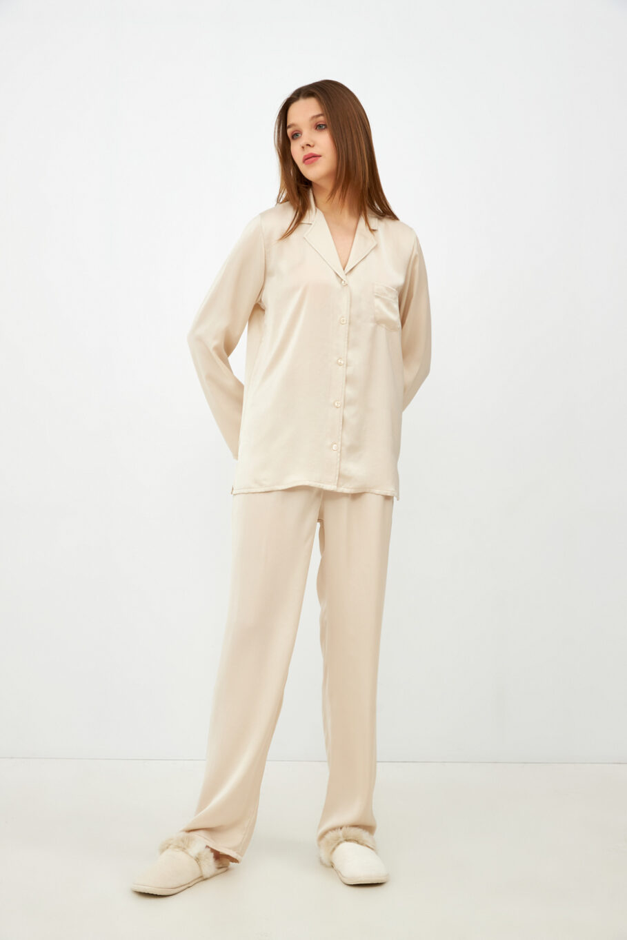 Women's Solid Color Satin Pajama - Beige 603512