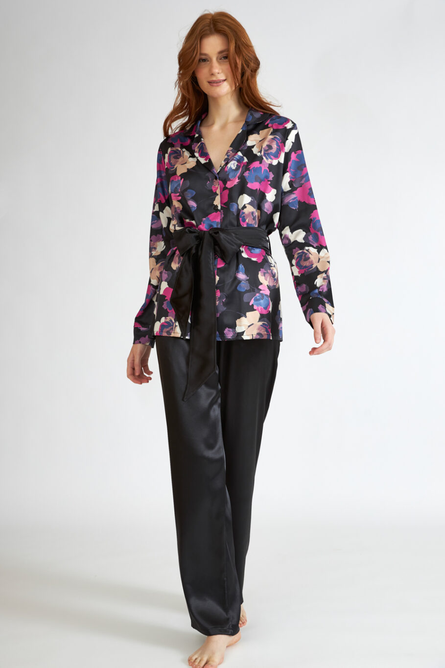 Women's Satin Pajama with Belt and Floral Black Print 605501