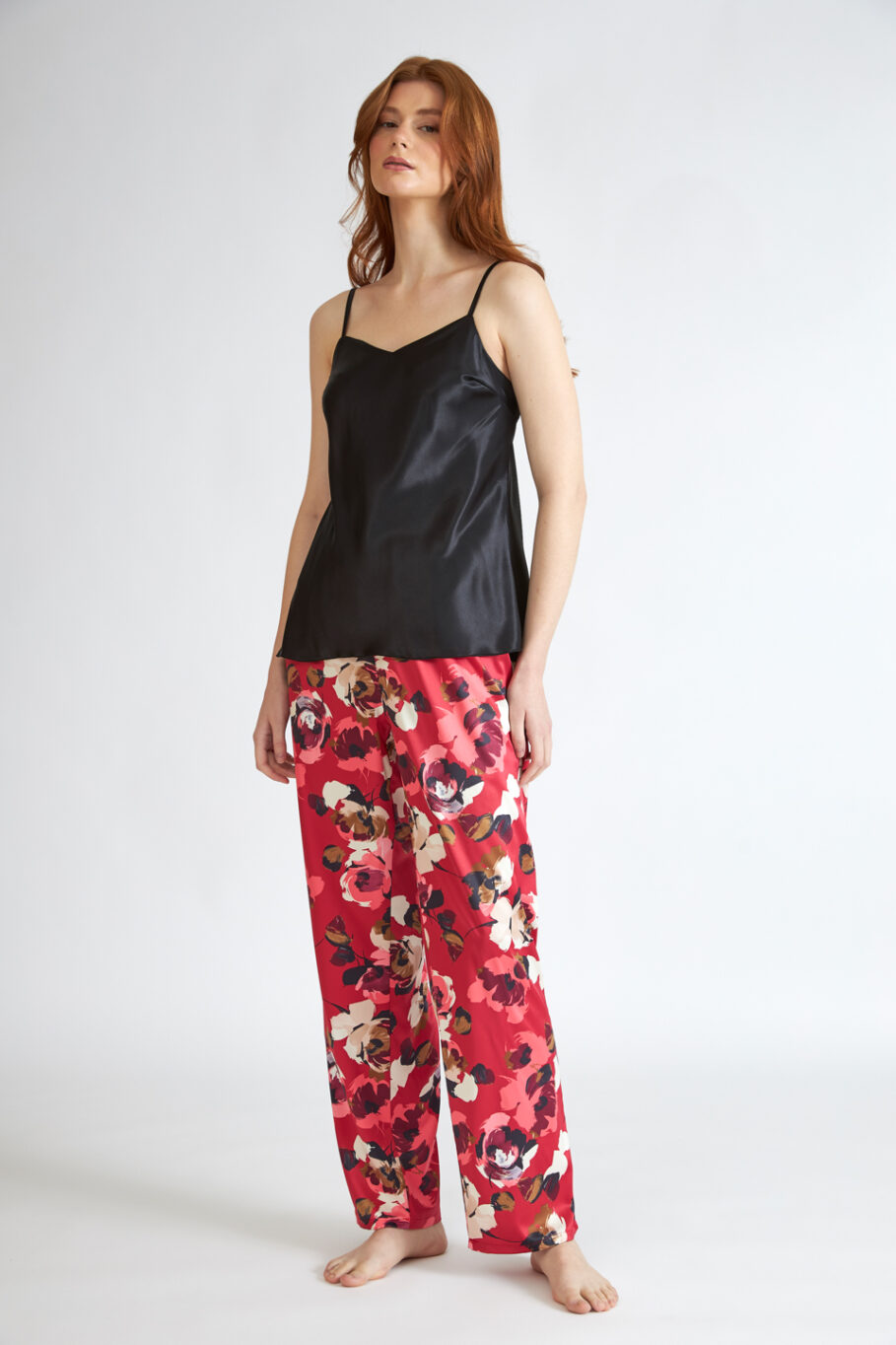 Women's Satin Pajama with Spaghetti Straps and Floral Red Print Pants 605502