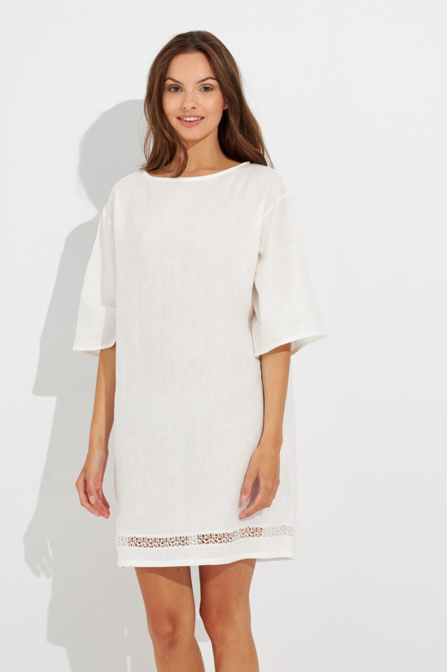 Linen Midi Dress with 3/4 Sleeves – White 502601<br><br>