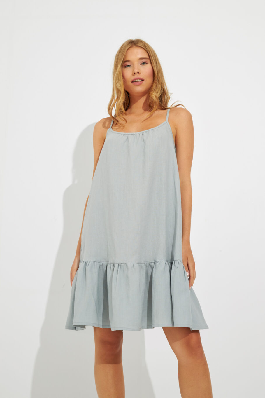 Linen Dress with Spaghetti Straps and Ruffles - 502603 Mint