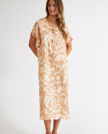 Φόρεμα Εμπριμέ Satin midi κοντομάνικο με δέσιμο – 508613 gold