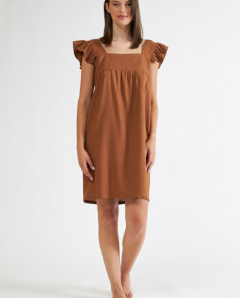 Φόρεμα Μονόχρωμο Linen viscose κοντομάνικο με βολάν -508636 coffee
