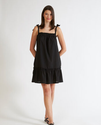 Φόρεμα Μονόχρωμο Linen cotton ράντα με βολάν -508660 black