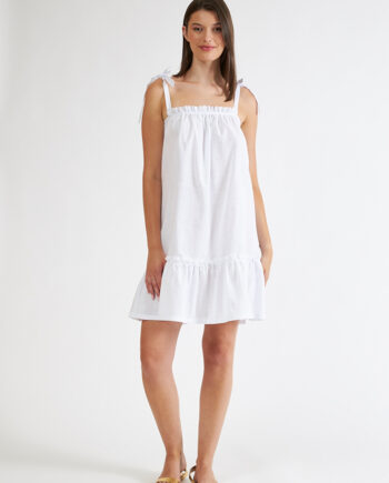 Φόρεμα Μονόχρωμο Linen cotton ράντα με βολάν -508660 off white