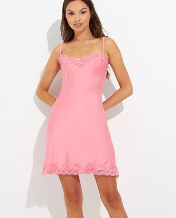 Solid Color Satin Nightdress with Lace - Fuchsia 606506