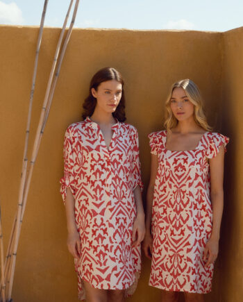 Φόρεμα Εμπριμέ Linen viscose κοντομάνικο με βολάν -508639