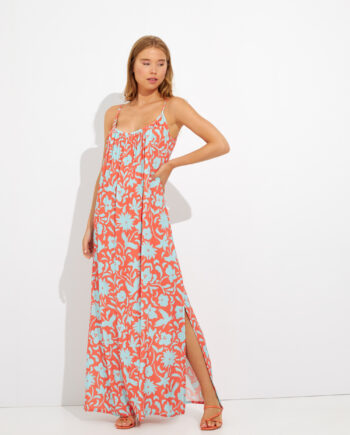 Φόρεμα Εμπριμέ maxi με σούρα και ράντα viscose - 502618