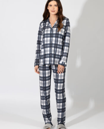 Γυναικεία Πιτζάμα Σακάκι καρώ μπλε 100%cotton- 109926