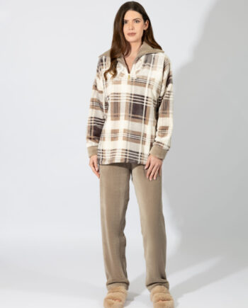 Γυναικεία Πιτζάμα Fleece καρώ με γιακά – 109944 beige