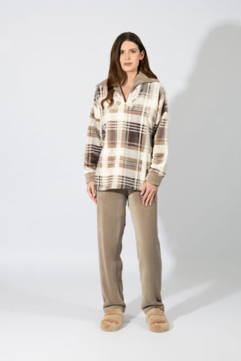 Γυναικεία Πιτζάμα Fleece καρώ με γιακά – 109944 beige