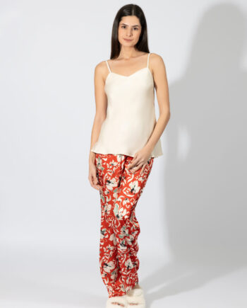Σατέν Πιτζάμα με ράντα και Floral παντελόνι – 609503 beige/red