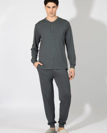 Men’s Pajama with Button Placket and Elastic Waist Pants, Solid Cotton Modal – 809304 Anthracite